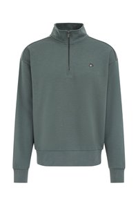 Temno zelena pulover majica z ovratnikom s polovico zadrge, rebrastim spodnjim robom in manšetami ter majhnim vezenim logotipom na prsih. Mehka tekstura materiala.