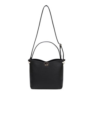 Borsa a tracolla nera in pelle con un design strutturato, caratterizzata da una parte superiore ondulata, una tracolla rimovibile e un accento logo in tono oro.
