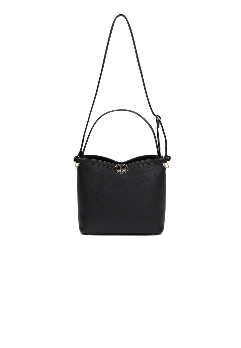 Sac à main en cuir noir au design structuré, avec un haut ondulé, une bandoulière amovible et un accent logo en ton doré.