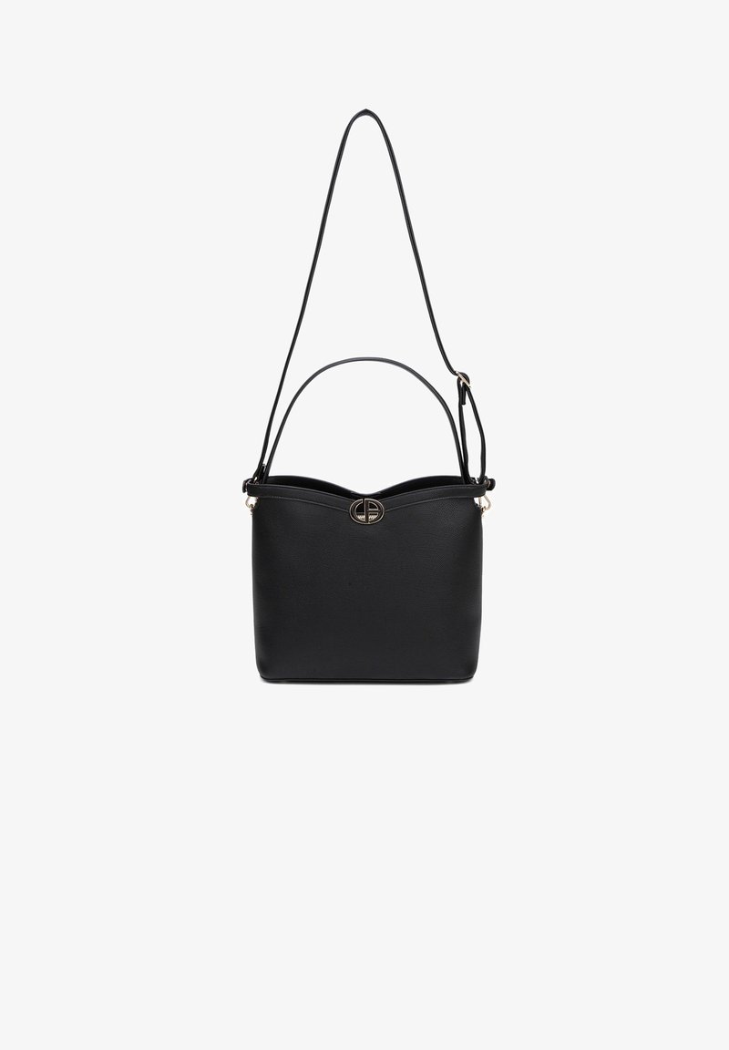 Zwarte leren handtas met een gestructureerd ontwerp, voorzien van een golvende bovenkant, een afneembare schouderband en een goudkleurige logo-accent.