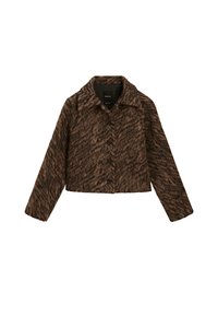 Veste cropped en tissu à motif pied-de-poule marron et noir avec un col pointu, fermeture à boutons et manches longues. Tissu texturé.