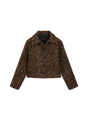 Giacca corta con motivo houndstooth marrone e nero, colletto a punta, chiusura con bottoni e maniche lunghe. Tessuto strutturato.
