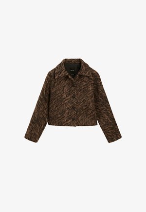 Brown and black houndstooth-patterned cropped jacket with a pointed collar, button front, and long sleeves. Textured fabric.