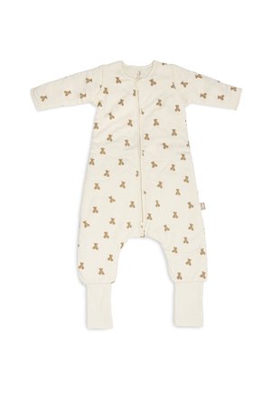 Pyjama bébé à manches longues couleur crème avec motifs d'ours en peluche marron et fermeture éclair devant, avec couvre-pieds inclus.
