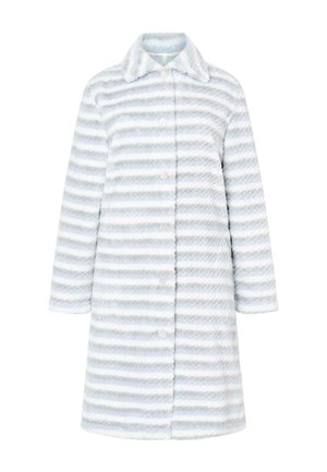Abrigo de peluche con rayas verticales en azul claro y blanco, con cuello tipo solapa y cinco botones en la parte delantera.