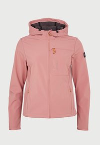 Giacca softshell rosa con cappuccio, chiusura con zip frontale e tasca sul petto, con zip arancioni e dettaglio del logo sulla manica. Texture liscia.