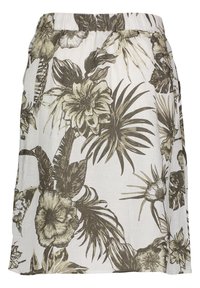 Hame floral printti beigen ja oliivinvihreän sävyissä. Valmistettu keveästä kankaasta, jossa on joustava vyötärö ja väljä A-linjan siluetti.