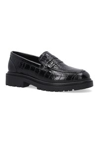 Schwarze Lederloafers mit Krokodil-Prägung, abgerundetem Zeh und robustem Gummisohle. Merkmale sind ein genähter Schaft und ein dezenter Akzentstreifen.