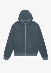 Gevoerde rits hoodie in donkerteal, gemaakt van zachte, gestructureerde stof. Heeft twee voorzakken en ribbelboorden bij de mouwen en onderrand.