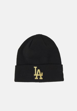 Black knit beanie with a folded cuff, featuring a gold "LA" logo on the front. Simple design, soft texture, and warm material.