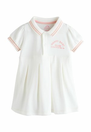 Robe blanche pour bébé avec manches courtes, col et poignets rayés roses, boutons sur le devant et texte brodé rose "Happy Baby Club Always Having Fun"