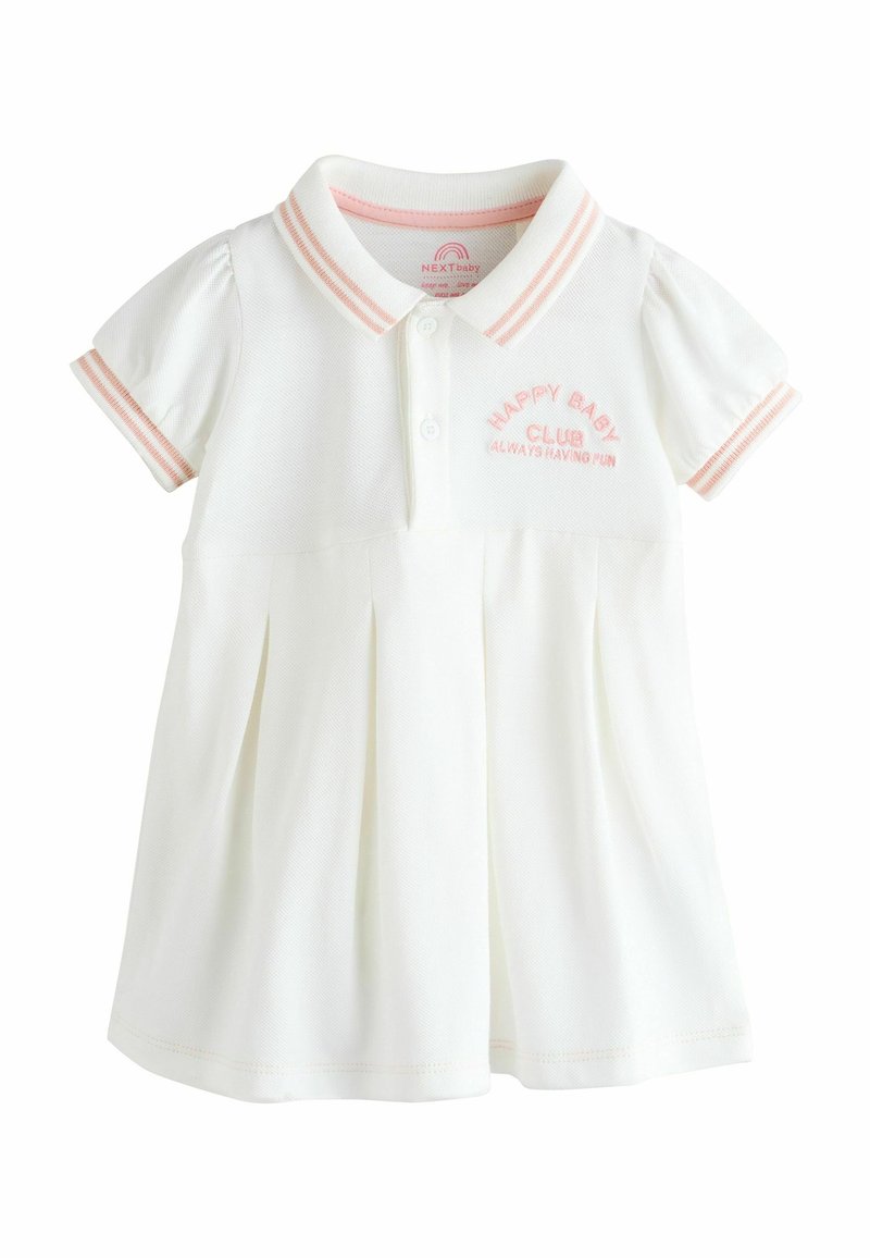 Robe blanche pour bébé avec manches courtes, col et poignets rayés roses, boutons sur le devant et texte brodé rose "Happy Baby Club Always Having Fun"