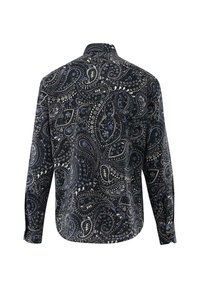 Langarmhemd aus navyfarbener Stoff mit einem Paisleymuster in Blau, Weiß und Hellgrau, klassischen Kragen und Knopfleiste.