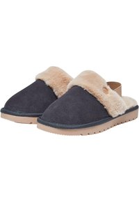 Harmaat mokkanahkaiset liukuvaipat, joissa on ruskea tekoturkistarha, kumipohja ja hillitty ommelyksitys reunoilla.