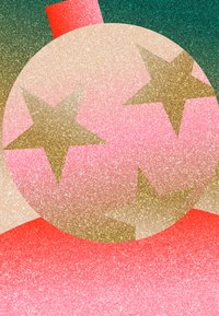 Στρογγυλό διακοσμητικό στολίδι με ροζ γυαλιστερή επιφάνεια, διακοσμημένο με χρυσά αστέρια και ένα κόκκινο τετράγωνο στοιχείο στο πάνω μέρος, σε γραμμικό φόντο.