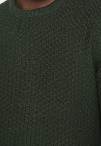 Gros plan sur un pull tricoté texturé vert foncé avec un col rond côtelé visible sur une personne.