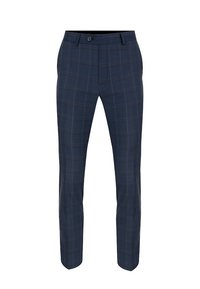 Granatowe spodnie w kratę z zapięciem na guzik, wykonane z fakturowanej tkaniny, która zawiera jasne i ciemne linie w wzorze w kratę.