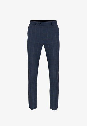Granatowe spodnie w kratę z zapięciem na guzik, wykonane z fakturowanej tkaniny, która zawiera jasne i ciemne linie w wzorze w kratę.