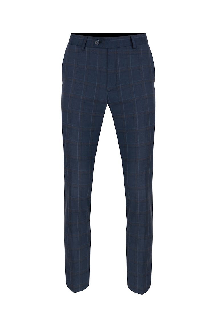 Granatowe spodnie w kratę z zapięciem na guzik, wykonane z fakturowanej tkaniny, która zawiera jasne i ciemne linie w wzorze w kratę.