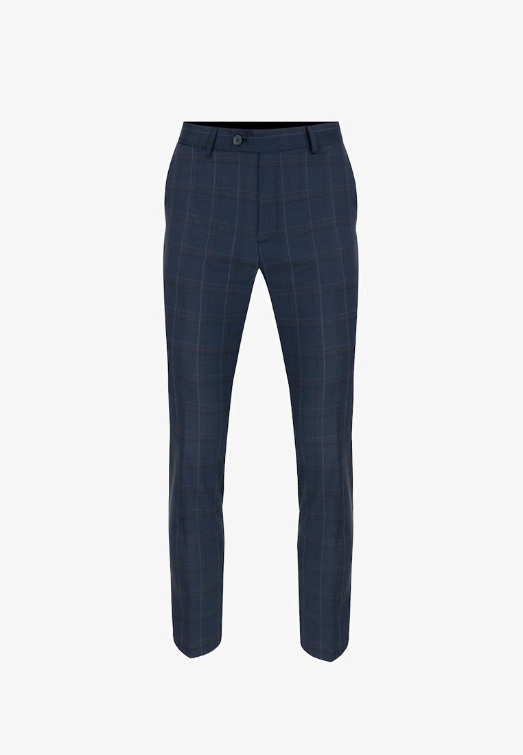 Granatowe spodnie w kratę z zapięciem na guzik, wykonane z fakturowanej tkaniny, która zawiera jasne i ciemne linie w wzorze w kratę.