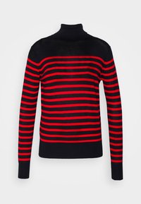 Maglione a collo alto a righe nere e rosse con maniche lunghe, realizzato in un materiale leggero, con orlo e polsini a coste.