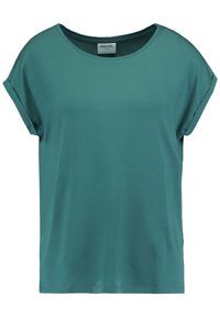 Kortärmad turkos t-shirt med båtnek, tillverkad av mjukt tyg. Har uppvikta ärmar och en avslappnad passform. Etikett synlig inuti halsen.