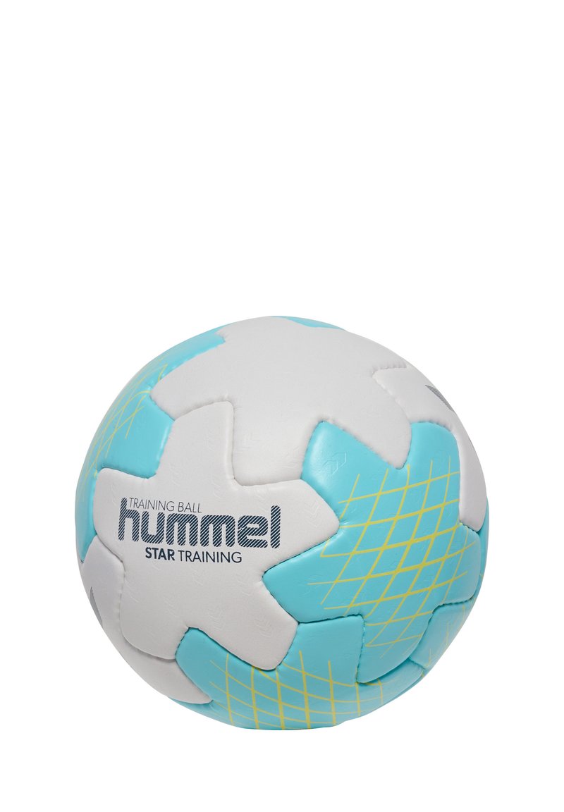 Pallone da allenamento Hummel Star, bianco con accenti turchesi, caratterizzato da una superficie testurizzata e un motivo esagonale con linee gialle a griglia.