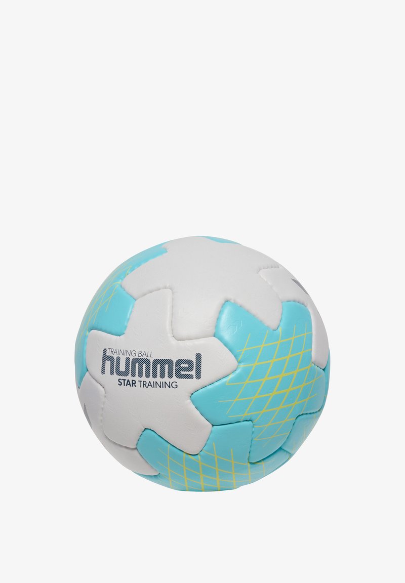 Pallone da allenamento Hummel Star, bianco con accenti turchesi, caratterizzato da una superficie testurizzata e un motivo esagonale con linee gialle a griglia.