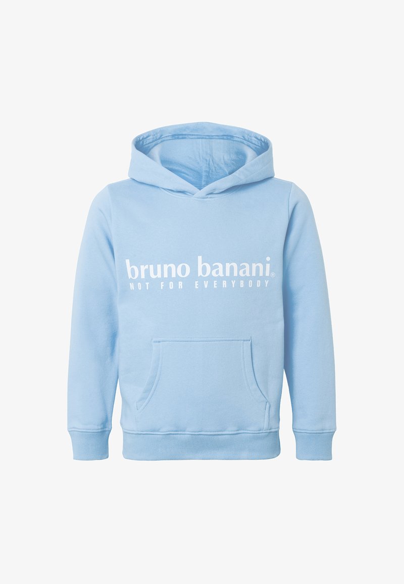 Sweat à capuche bleu clair avec poche avant et texte blanc "bruno banani NOT FOR EVERYBODY" sur la poitrine, présenté sur fond blanc.