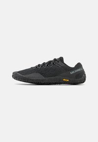 Black trail running shoes with a mesh upper, textured sole, and Vibram branding. Features a low profile and traditional laces for adjustment.