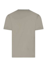 T-shirt a maniche corte color taupe con scollatura rotonda e una texture liscia, caratterizzato da un retro semplice senza elementi grafici o dettagli.
