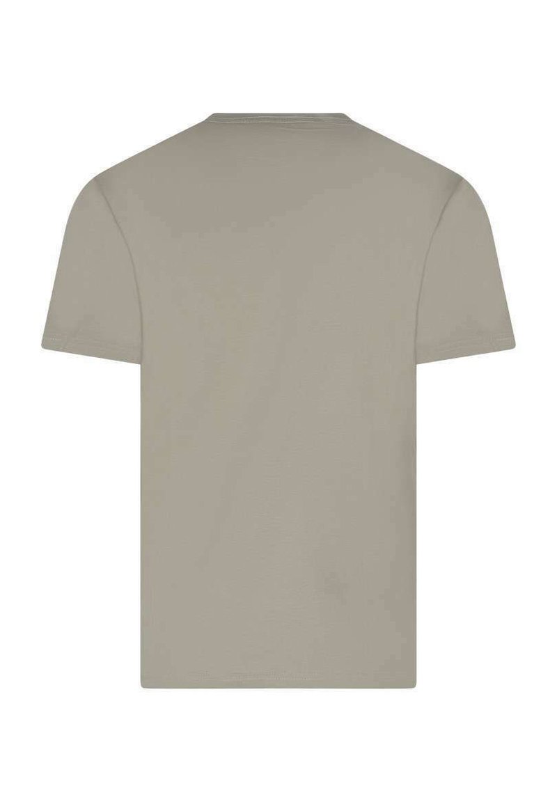 T-shirt taupe à manches courtes avec un col rond et une texture lisse, présentant un dos uni sans éléments graphiques ni accents.