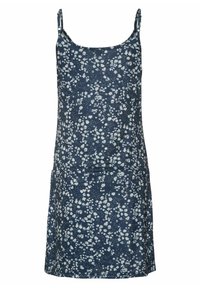 Granatowa sukienka z regulowanymi ramiączkami, ozdobiona białym kwiatowym wzorem. Wykonana z miękkiego materiału, o luźnym kroju, sięgająca do kolan.