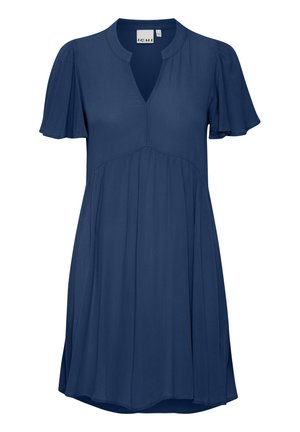 Navyblå kjole lavet af letvægtsstof, med korte, flagrende ærmer, en V-formet Halsudskæring og en svajet silhuet.