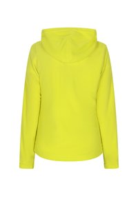 Giacca con cappuccio gialla realizzata in un tessuto liscio e testurizzato. Presenta maniche lunghe e una forma adatta, progettata per funzionalità e comfort.