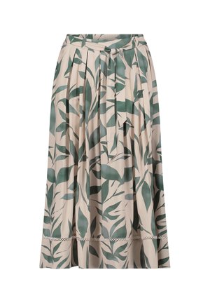Beiger plissierter Midirock mit dunkelgrünem Blattmuster, Taillengürtel und dekorativem Besatz nahe dem Saum.