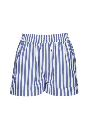 Shorts élastiques à taille rayée verticale bleu et blanc avec ourlets retroussés, fabriqués en tissu léger.