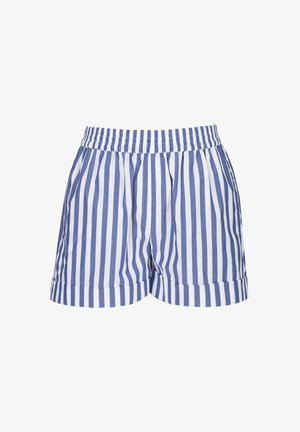 Blauw-witte verticale gestreepte elastische taille shorts met omgeslagen zomen, gemaakt van lichtgewicht stof.