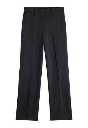 Schwarze formelle Hose mit geraden Beinen, Gürtelschlaufen und einem vorderen Reißverschlussverschluss vor weißem Hintergrund.