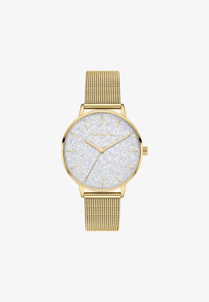 Goldenes Mesh-Armband-Uhr mit einem silbernen Glitzertzifferblatt. Verfügt über schlanke Stundenmarkierungen und Zeiger, minimalistisches Design und ein rundes Gehäuse.