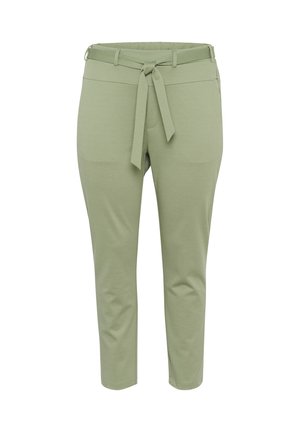 Light green, cropped trousers made of soft fabric with a tie belt at the waist and two side pockets. Smooth texture.