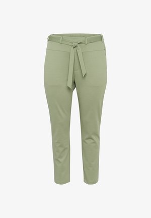 Pantaloni cropped verde chiaro in tessuto morbido con cintura alta in vita e due tasche laterali. Texture liscia.