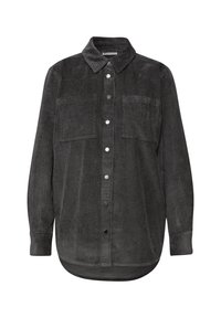 Grijs ribfluwelen overhemd met een kraag, lange mouwen, twee borstzakken en metalen knoopsluitingen, met een licht gebogen zoom.