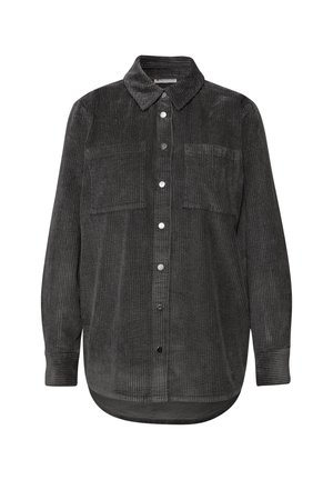 Šedá kordurová košile s límečkem, dlouhými rukávy, dvěma předními kapsami a kovovými knoflíky, s lehce zakřiveným lemem.