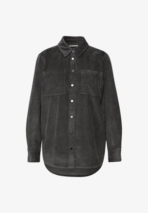 Szara koszula sztruksowa z kołnierzykiem, długimi rękawami, dwoma przednimi kieszeniami oraz metalowymi zatrzaskami, z lekko zaokrąglonym dołem.