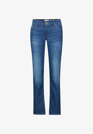 Blue denim jeans with a straight cut, featuring a mid-rise waist, five pockets, and subtle fading for a classic look.