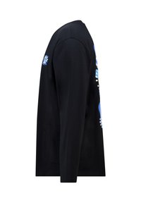 Black long-sleeve shirt shown from the side with blue and white graphic details partially visible on chest and back.
