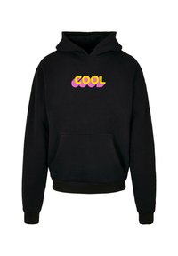 Svart hoodie i bomull med en framfickor i kängurustil och en iögonfallande "COOL" grafik i rosa och gult över bröstet.