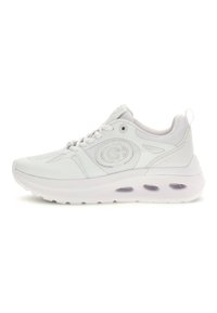 Sneaker atletiche bianche con upper in mesh e sintetico, colletto imbottito, design con lacci, suola ammortizzata e dettagli con ammortizzazione d'aria visibile.