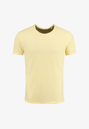 T-shirt giallo a maniche corte realizzato in tessuto morbido. Presenta un collo a giro, bordi senza cuciture e una vestibilità rilassata. Senza fantasie né dettagli.